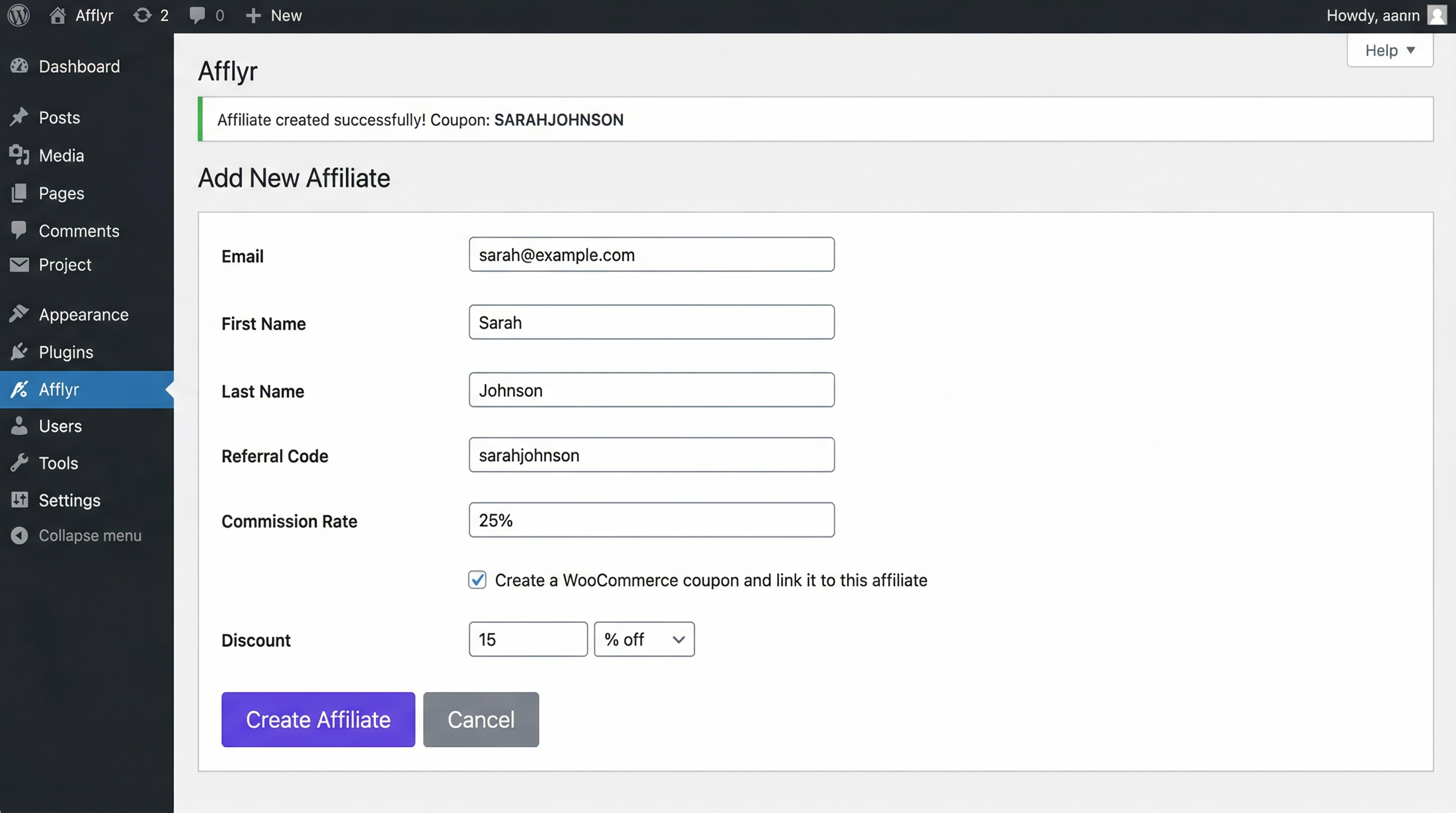 Add new affiliate with auto-coupon creation