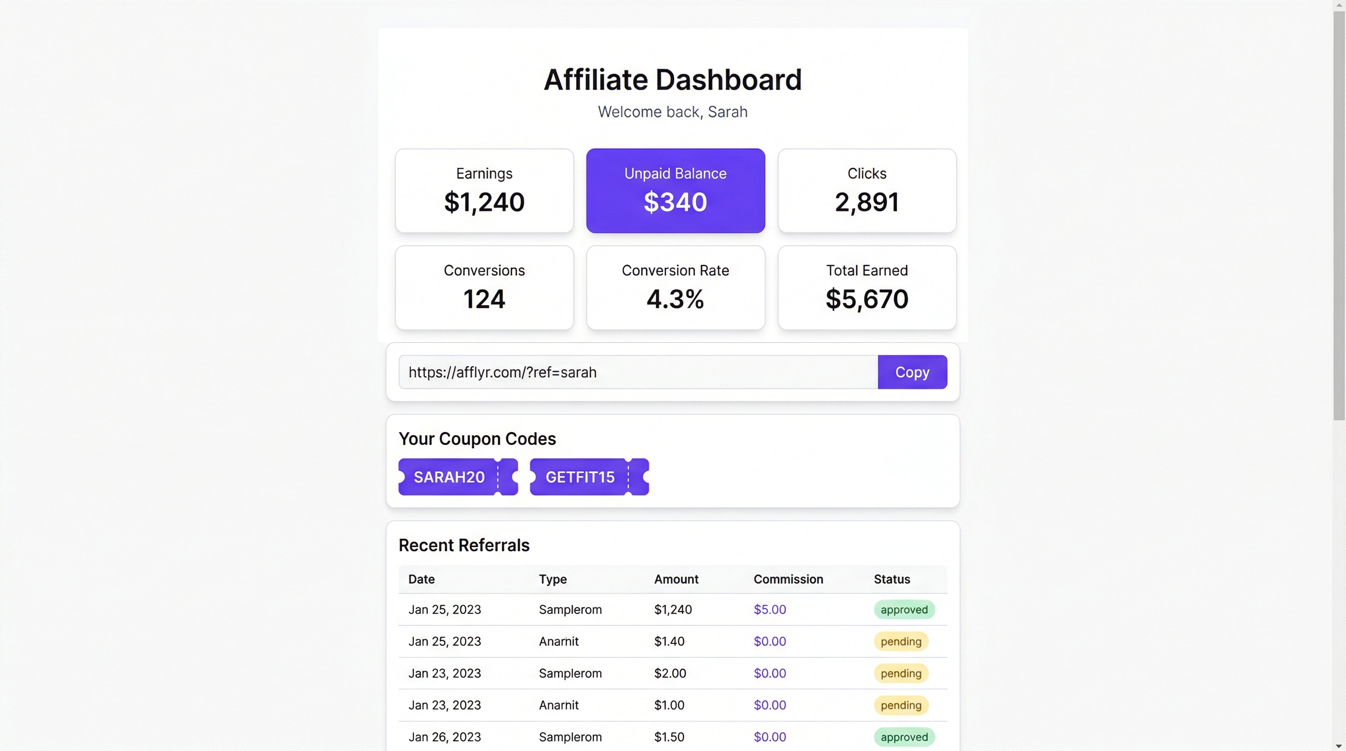 Afflyr affiliate portal dashboard